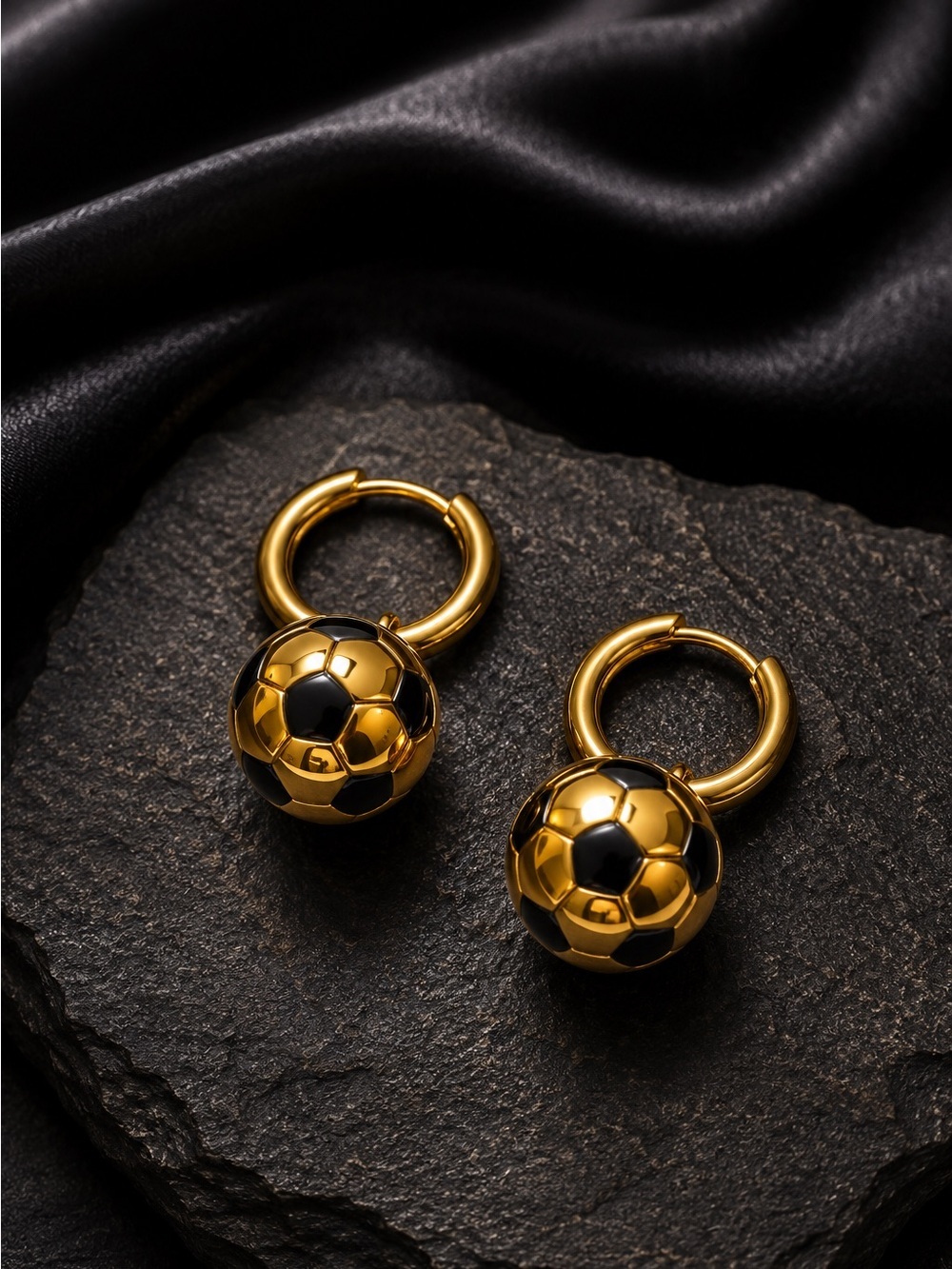 Gold and Black Soccer Ball Pendant Necklace with Matching Hoops - Picture 10 of 11